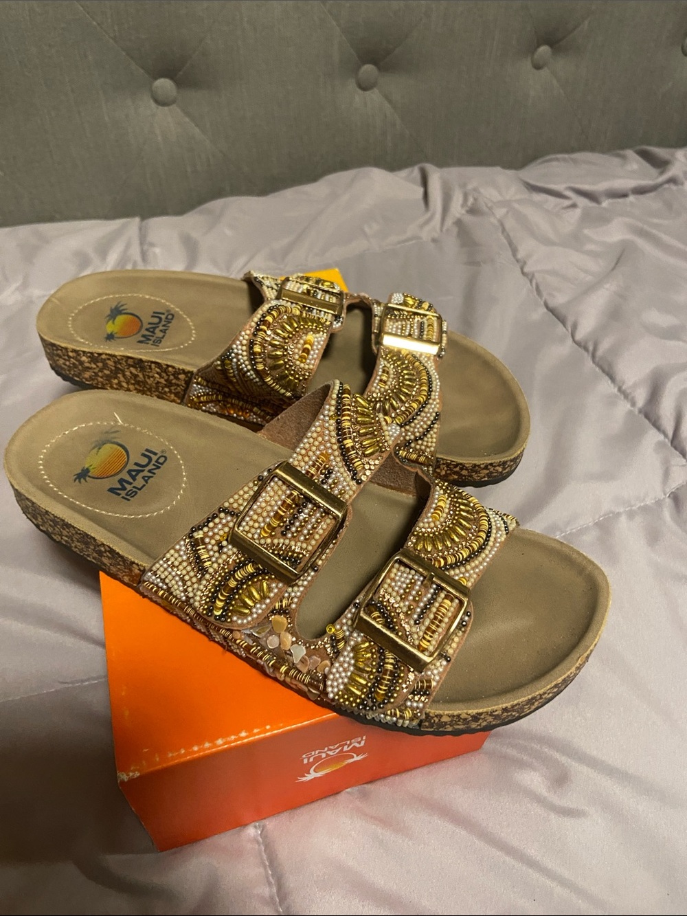 Maui Island Gold Beaded Double-Buckle Slide Sandals